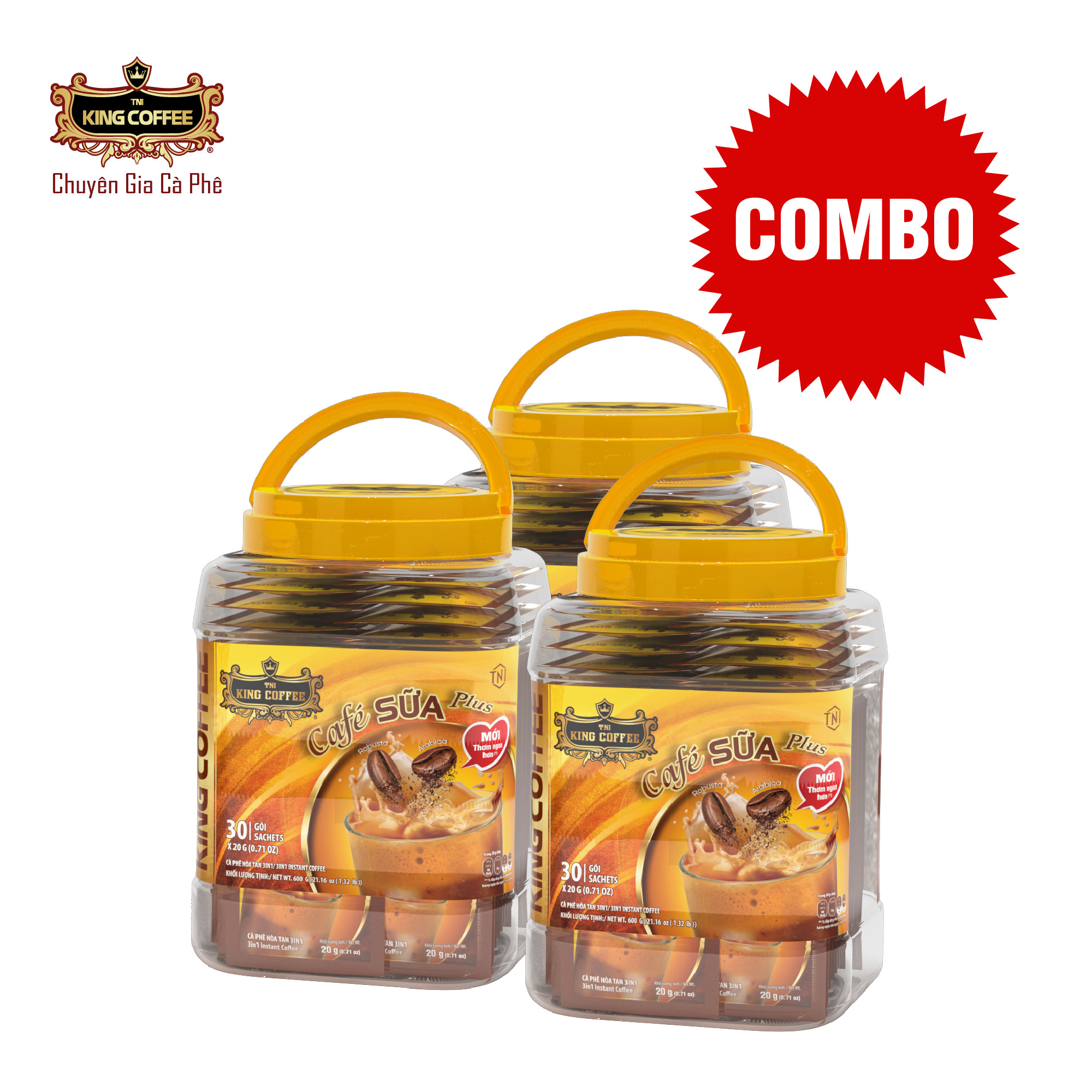 Combo 3 cà phê sữa plus hòa tan 3in1 tni king coffee - hủ nhựa 30 gói x 20g