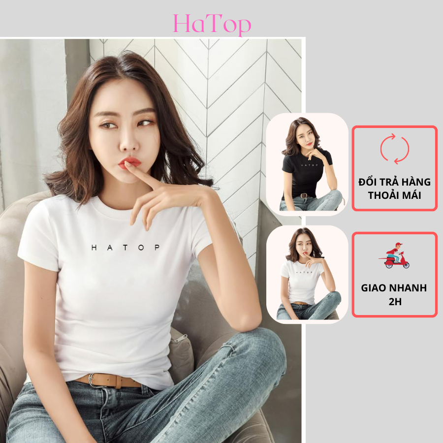 Áo thun nữ cổ tròn tay ngắn thời trang HATOP thiết kế chữ đẹp form cơ bản màu trắng - đen ATNT501