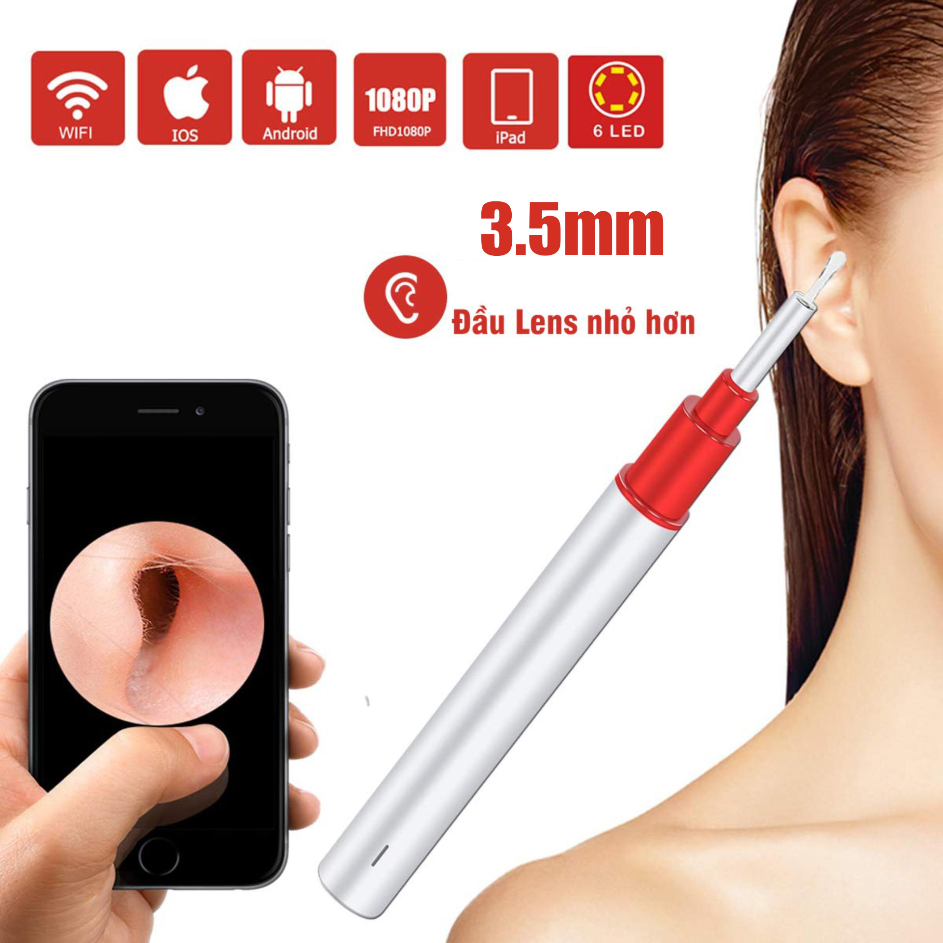 Dụng Cụ Lấy Ráy Tai Thông Minh Cảm Biến Bebird A2 Camera Nội Soi Không Dây WiFi 5 Đèn LED và HD 1080P 2Megapixels - Trắng - Hãng Phân Phối Chính Thức