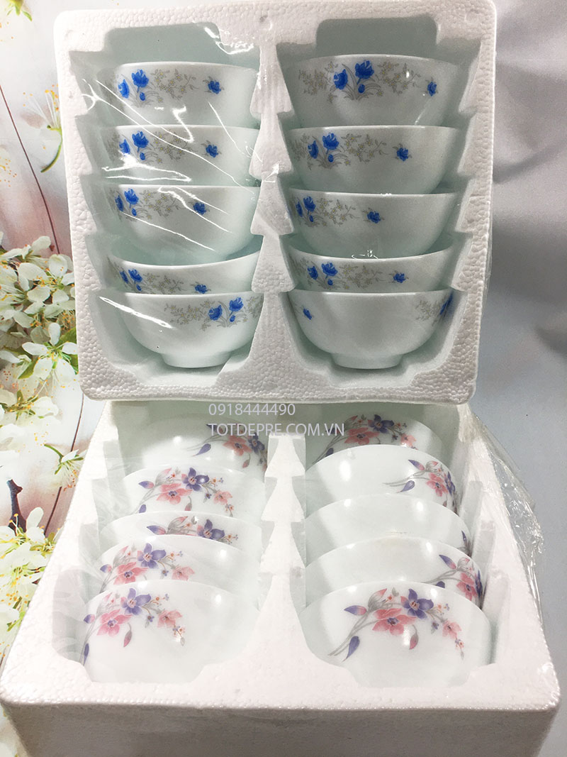 Bộ 10 bát ăn cơm sứ trắng ngọc họa tiết hoa lá