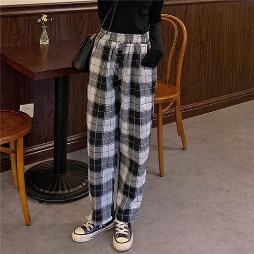 Quần kẻ caro ống suông rộng chuẩn form nữ style Hàn Quốc trẻ trung đi học, đi chơi, du lịch