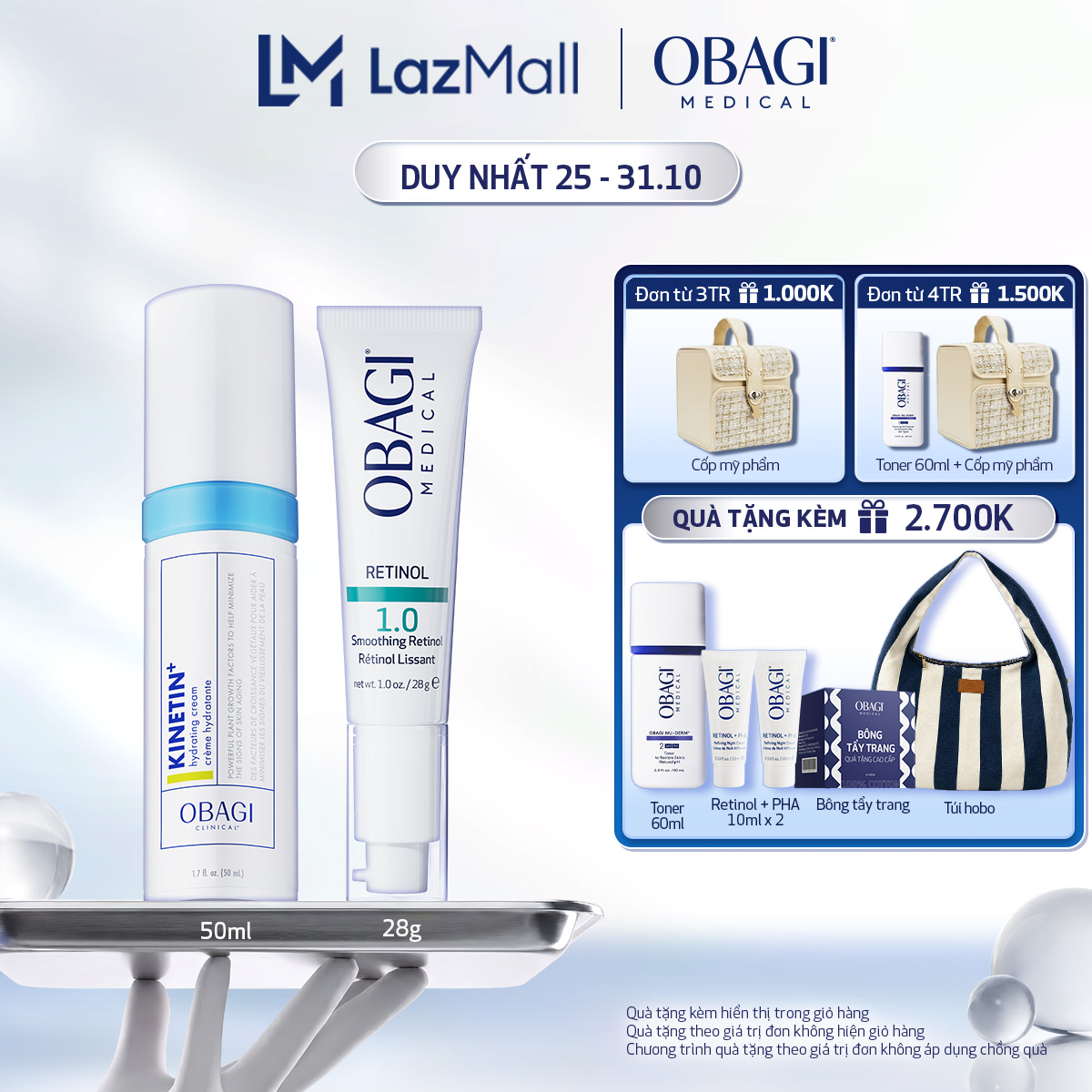 Bộ đôi Kem Dưỡng Làm Mờ Nếp Nhăn, Mờ Thâm  Làm Đều Màu Da Obagi Retinol 1.0 và Kem Dưỡng Ẩm Làm Dịu Da Obagi Clinical Kinetin+ Hydrating 50ml