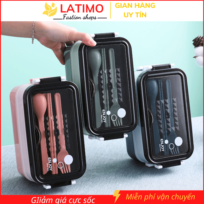 Hộp đựng cơm giữ nhiệt 2 tầng inox 304,Hộp cơm giữ nhiệt-Hộp đựng cơm văn phòng inox 304 tặng kèm muỗng đũa nĩa LATIMO HC1