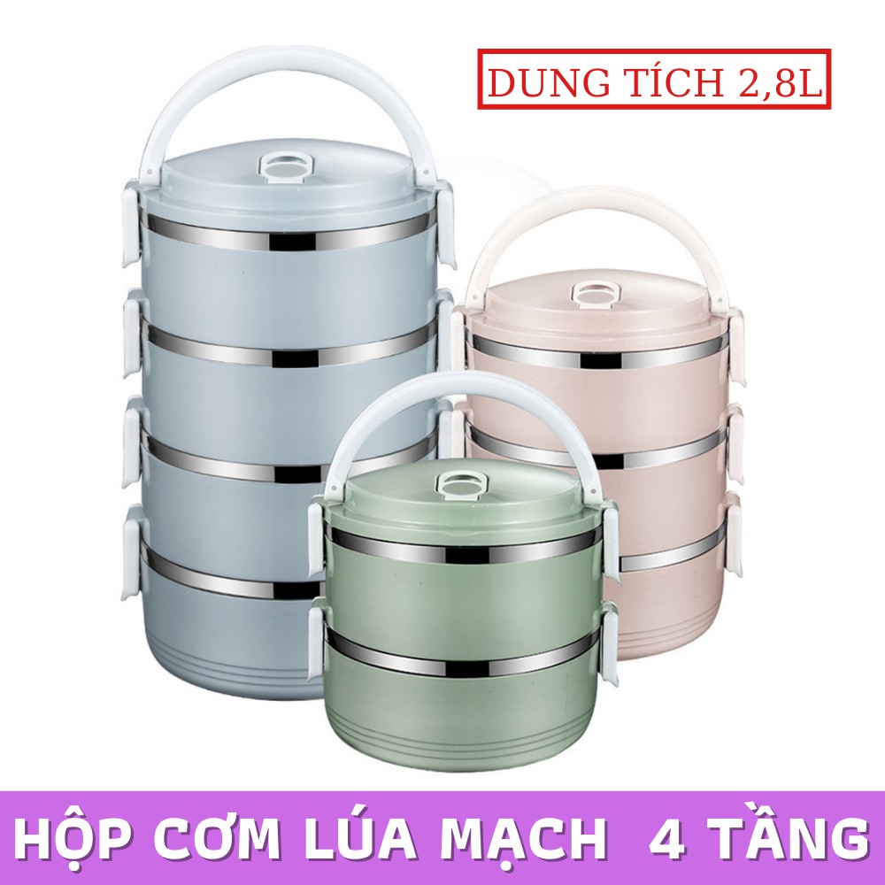 Hộp cơm giữ nhiệt lõi inox 4tầng Lunch Box - Hộp cơm 4 tầng Giữ nhiệt làm từ Lúa mạch An toàn cho Sức khỏe - Camen giu nhiet 4 ngan/ Khay dung com van phong - HỘP CƠM GIỮ NHIỆT