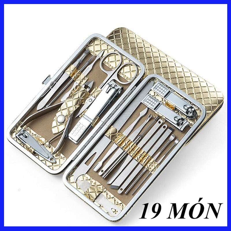 [19 Món] Bộ kiềm cắt móng 19 món thép không gỉ, hộp da vàng đồng dạng ví cầm tay cao cấp