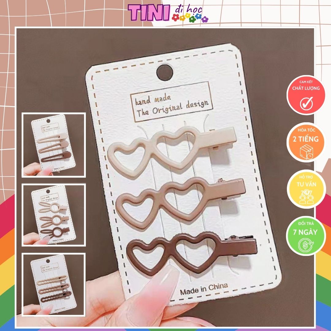 Set 3 kẹp tóc nâu trái tim con thỏ tini đi học ktmcafe11