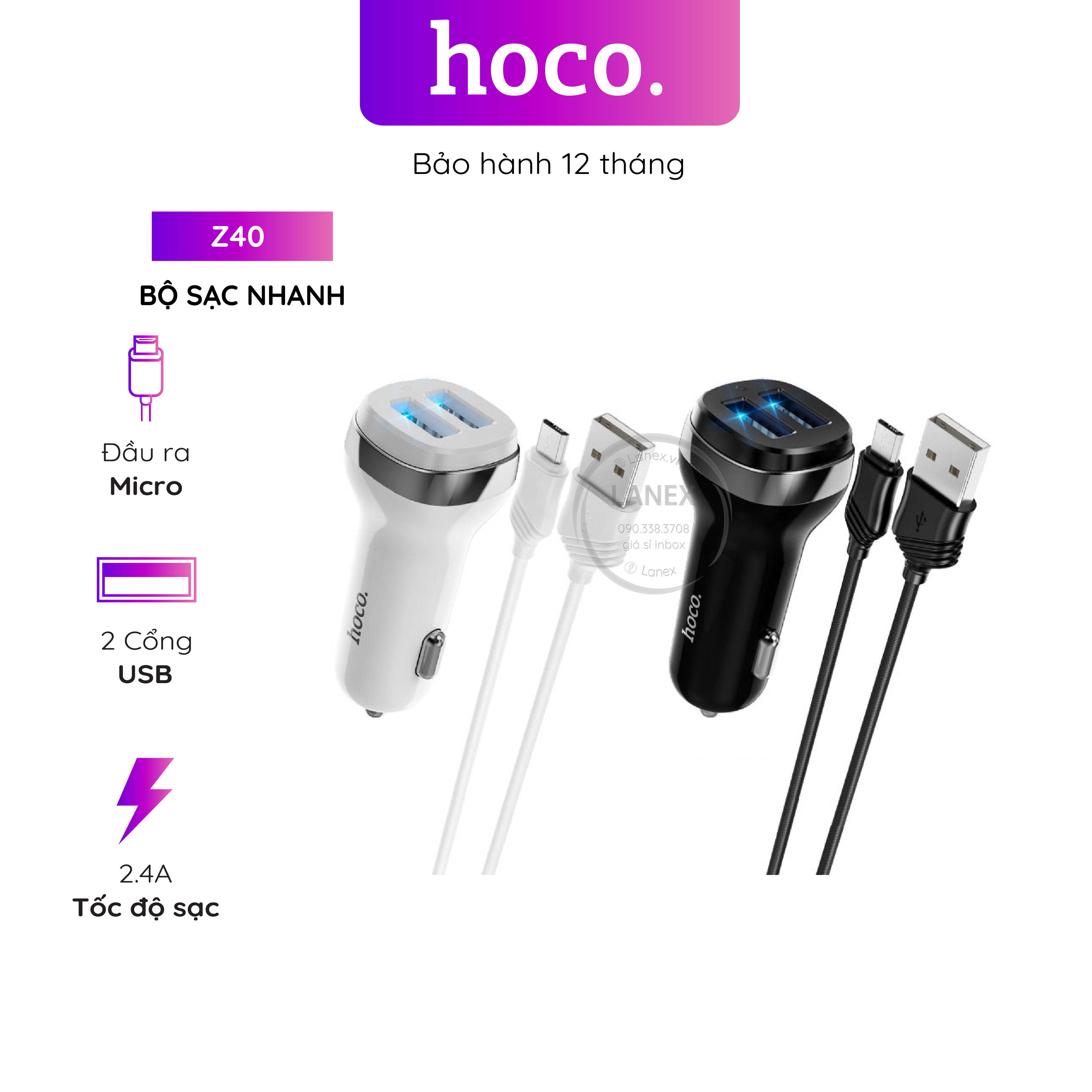 Bộ sạc nhanh hoco z40 xe hơi 2 cổng usb micro 2.4a dài 1.0m