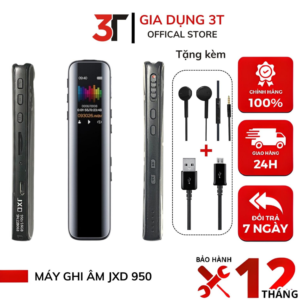 Máy ghi âm chuyên nghiệp JXD 950 dung lượng 16GB Loại bỏ tạp âm giảm tiếng ồn thu âm thanh tốt BH 24 Tháng