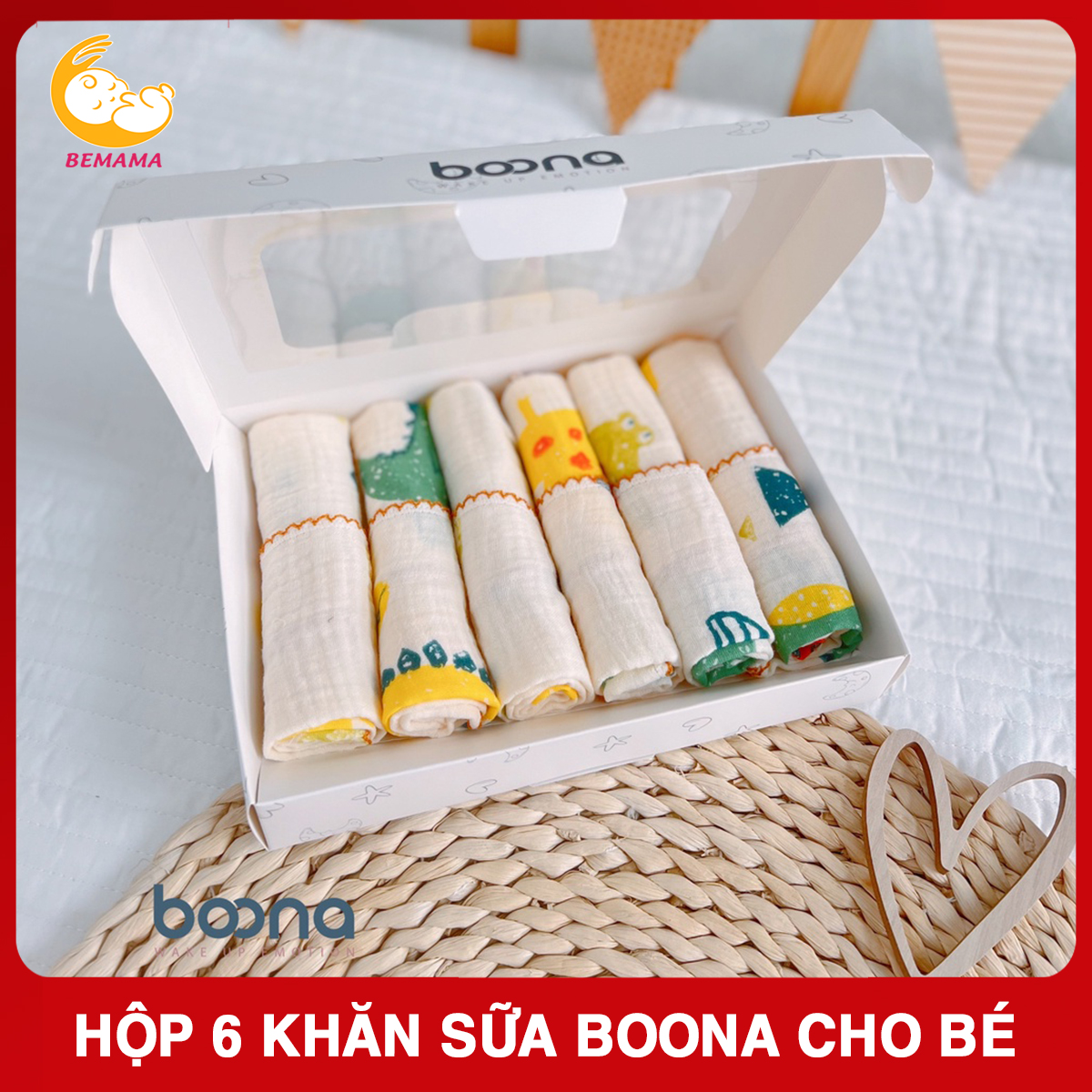 Hộp 6 chiếc khăn sữa cho bé sơ sinh boona mềm mịn, rửa mặt, tắm cho bé sơ sinh - khăn sữa sợi tre, khăn sữa em bé, khăn xô sữa 2 lớp, khăn sữa sợi muslin, khan xo sua, khan sua cho em be