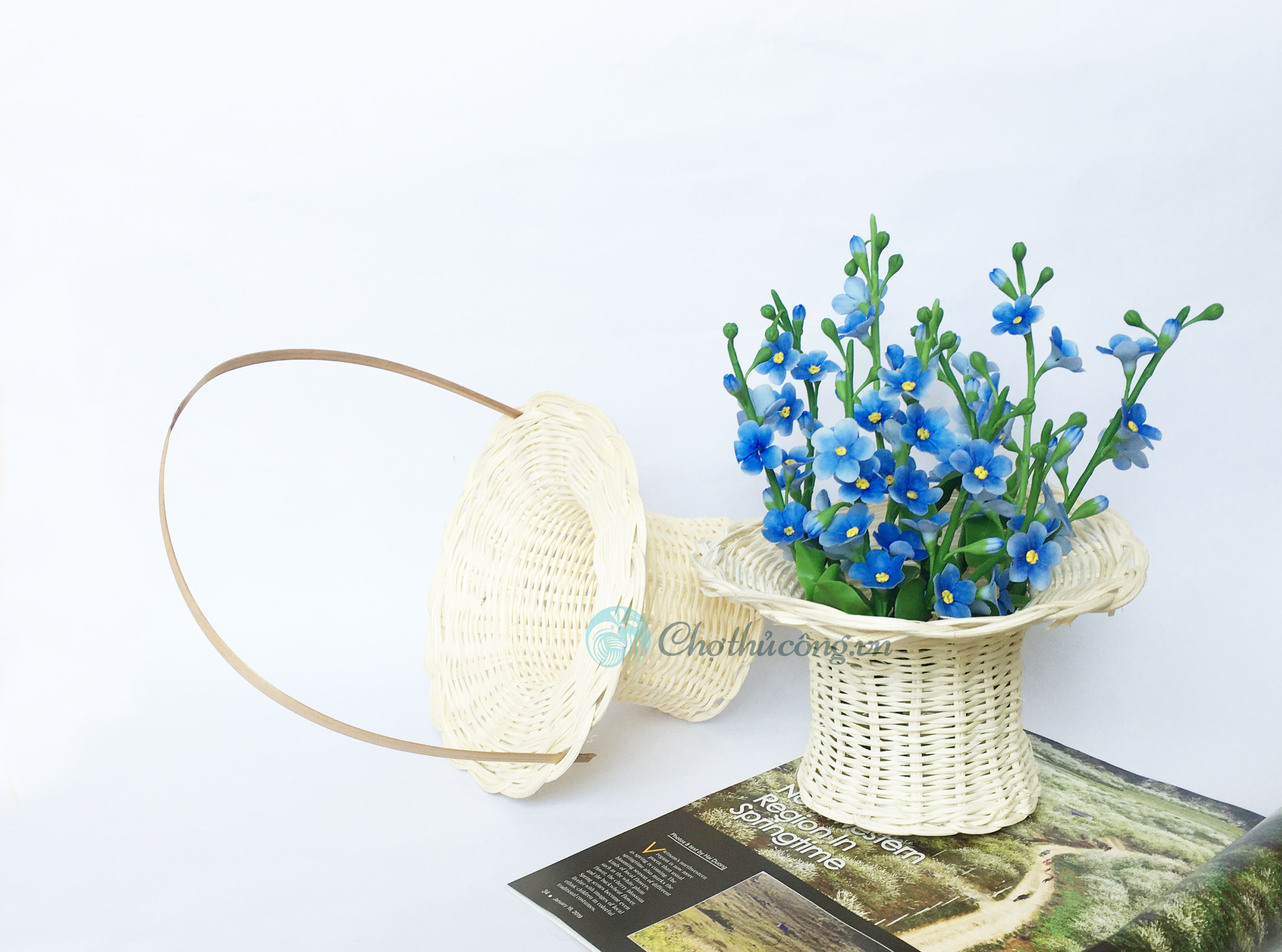 Lẵng hoa mây giỏ đan bằng mây tự nhiên KT M23xĐ13xC12cm cắm hoa decor trang trí bằng mây