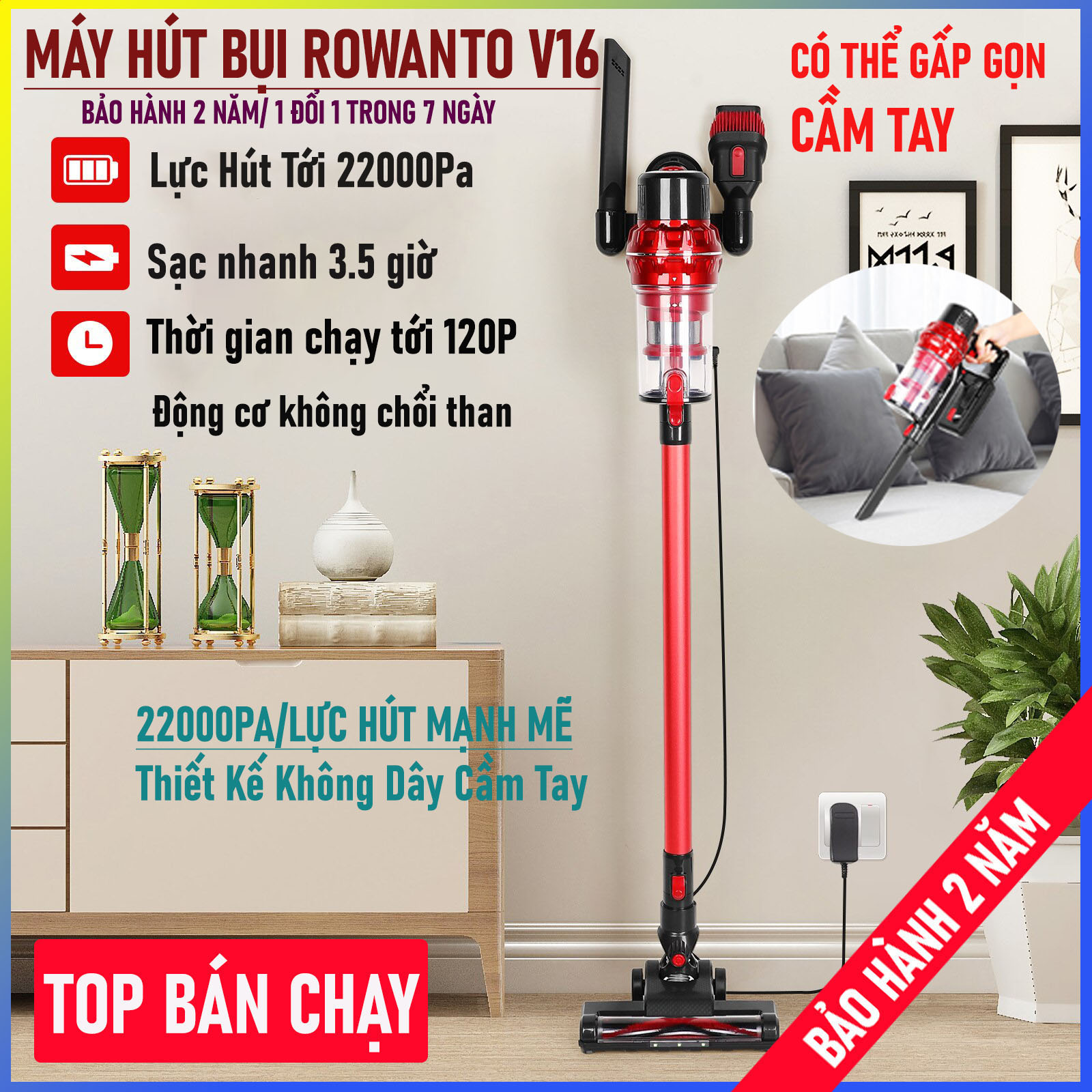 Máy hút bụi cầm tay mini không dây rowanto v16, máy hút bụi giường nệm, máy hút bụi gia đình trong nhà, xe ô tô, xe hơi, hút bụi bàn phím - máy hút bụi công nghiệp thông minh lực hút 22000pa, có thể gấp gọn cầm tay