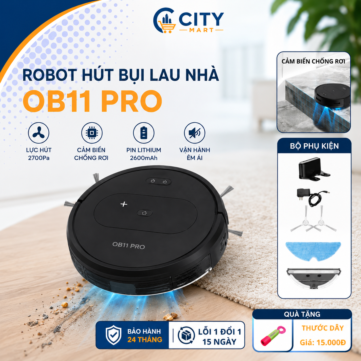 Robot hút bụi lau nhà thông minh tự động 3in1 cảm biến chống rơi điều khiển bằng app lực hút 1800pa