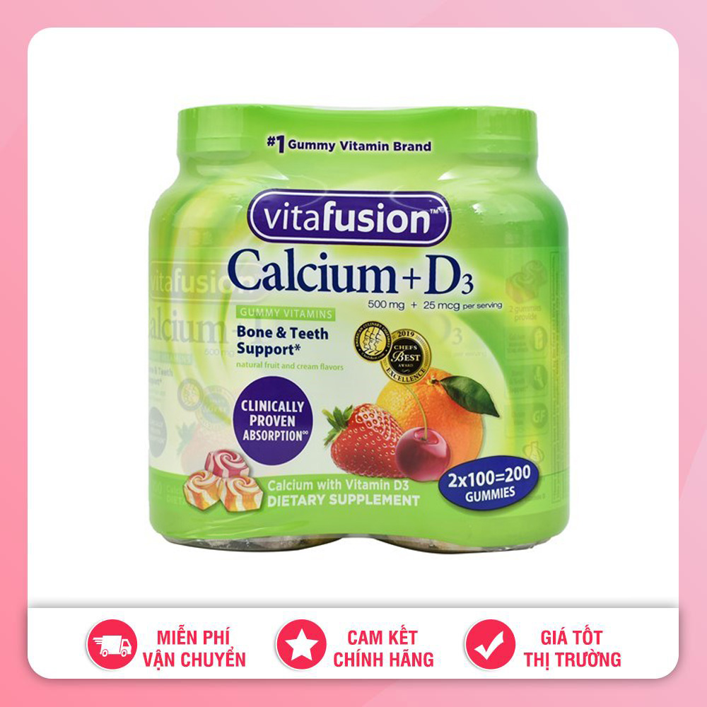 CẶP 2 HỦ KẸO DẺO BỔ SUNG CANXI VITAFUSION CALCIUM + D3 500MG MẪU MỚI MỸ ( Date 10.2023)