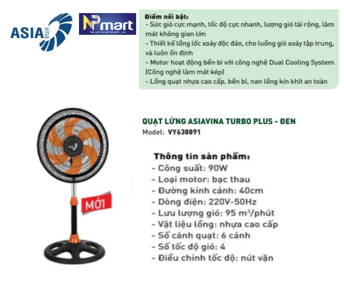 Quạt lửng asia turbo plus vy638891 - 90w - hoạt động êm công suất mạnh