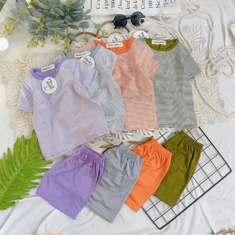 Bộ đồ cộc tay sọc vải thun lạnh hàng minky mom cho bé trai bé gái từ 7kg đến 28kg
