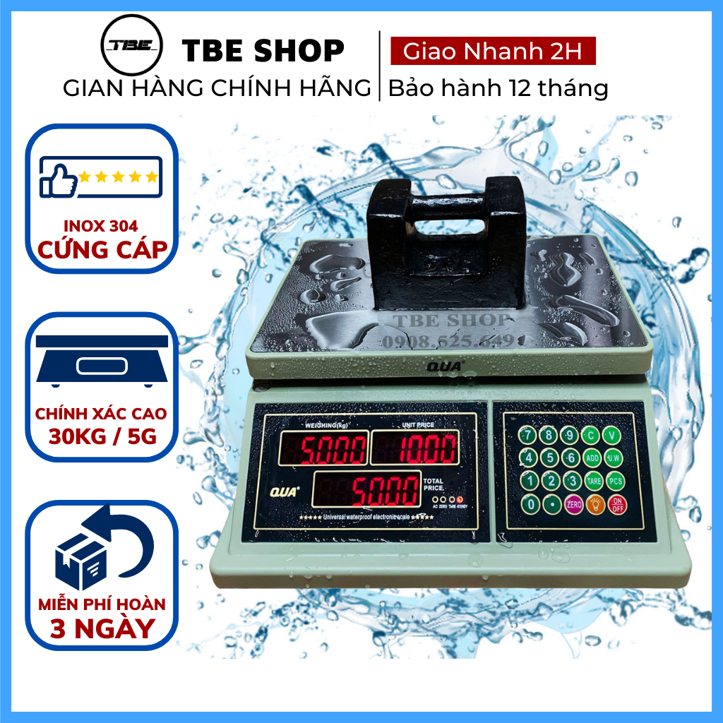 Cân Điện Tử Tính Tiền QUA 832 30kg Chống Nước Chính Xác Cao Đến 1g Phù Hợp Cân Hải Sản - Bảo Hành 1 Năm ( Màu Xanh Nhạt )