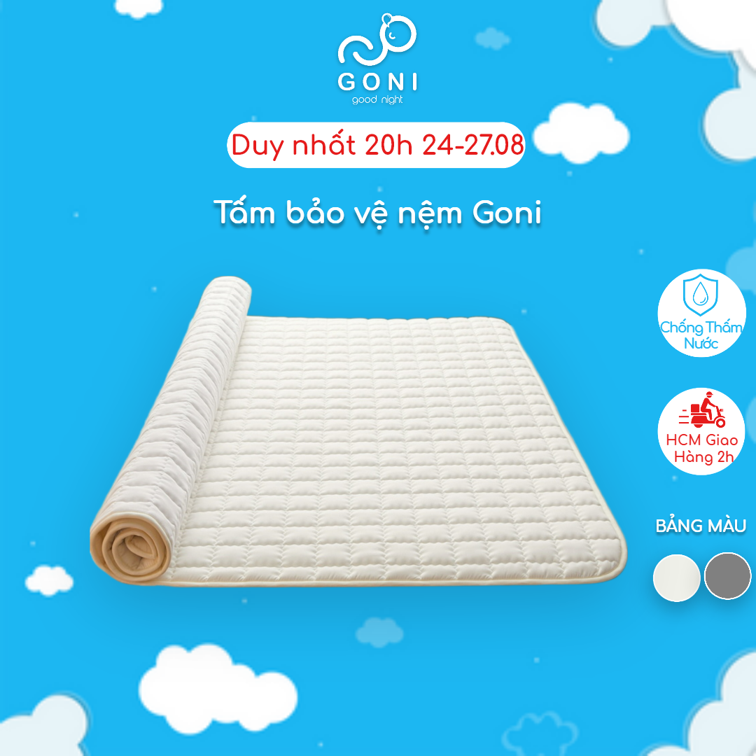 Tấm bảo vệ nệm chống thấm goni, tấm lót bảo vệ nệm kích thước 1m x 2m, 1m2 x 2m, 1m4 x 2m, 1m6x 2m, 1m8 x 2m, 2m2 x 2m