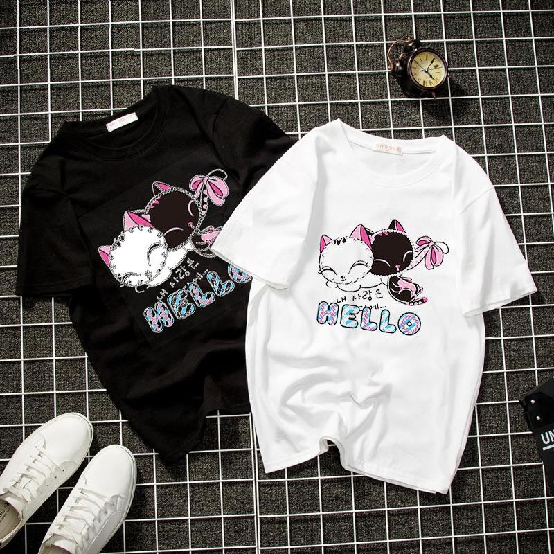 Áo thun unisex Hàn Quốc in hình cặp đôi mèo vải dày mịn DEALT913