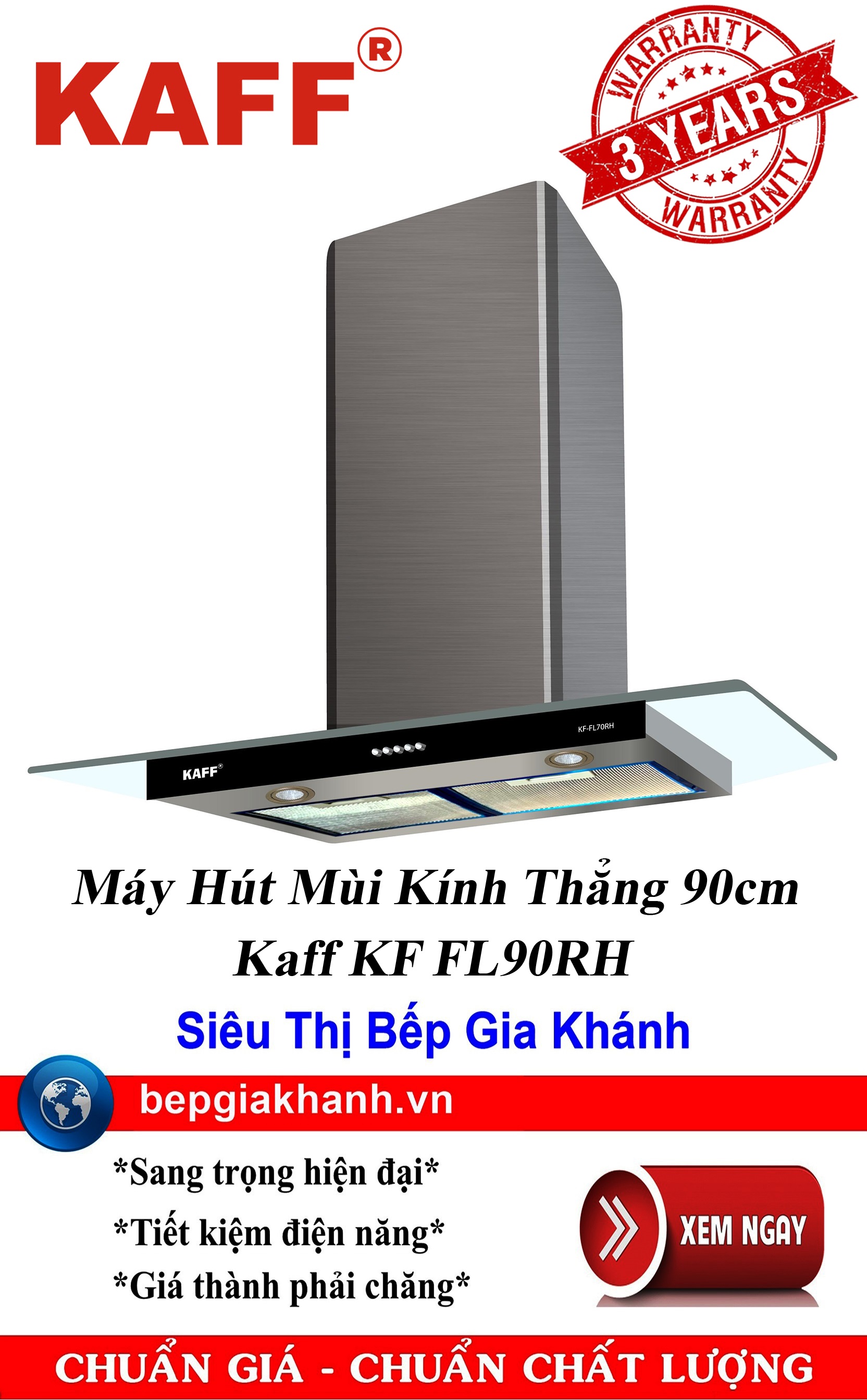 Máy hút mùi kính thẳng 90cm Kaff KF FL90RH, máy hút mùi nhà bếp, máy hút mùi bếp, máy hút mùi kính c