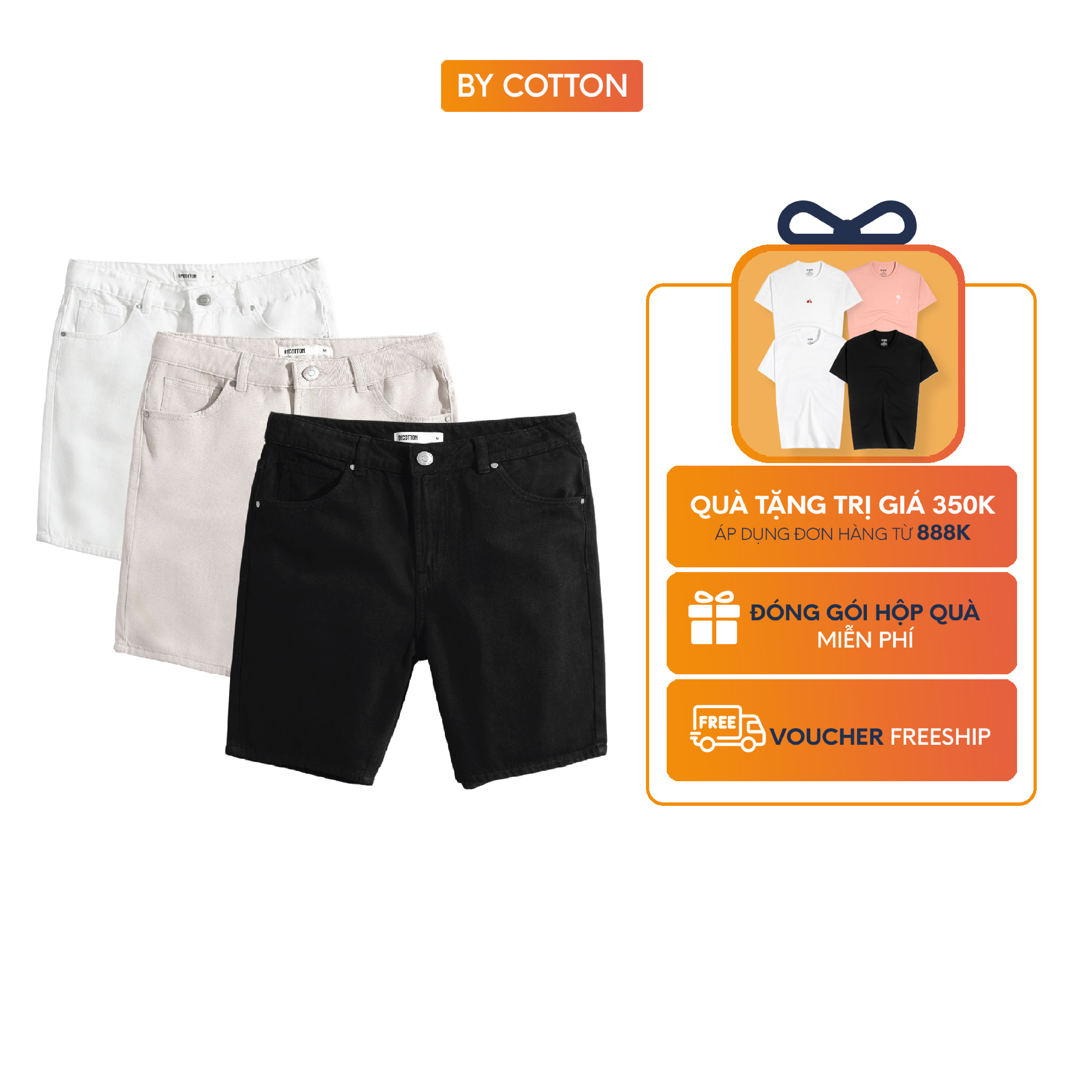 Quần short jeans nam cao cấp 3 màu đen - trắng - be by cotton