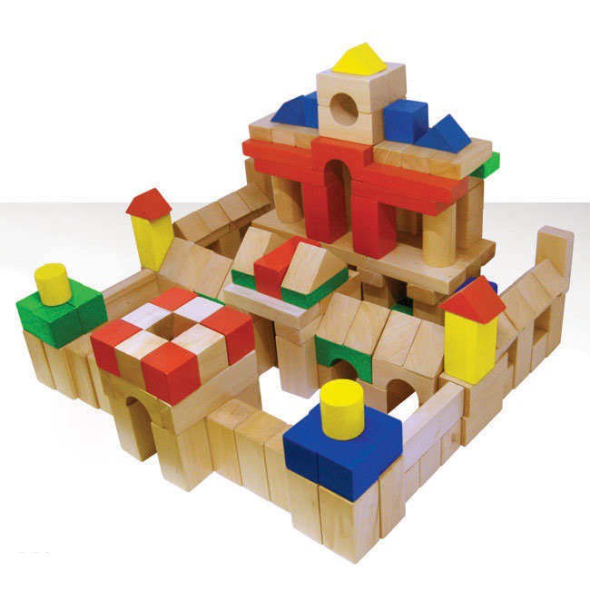 Bộ khối 100 chi tiết màu khối lớn đồ chơi xếp hình gỗ có hộp đựng và hướng