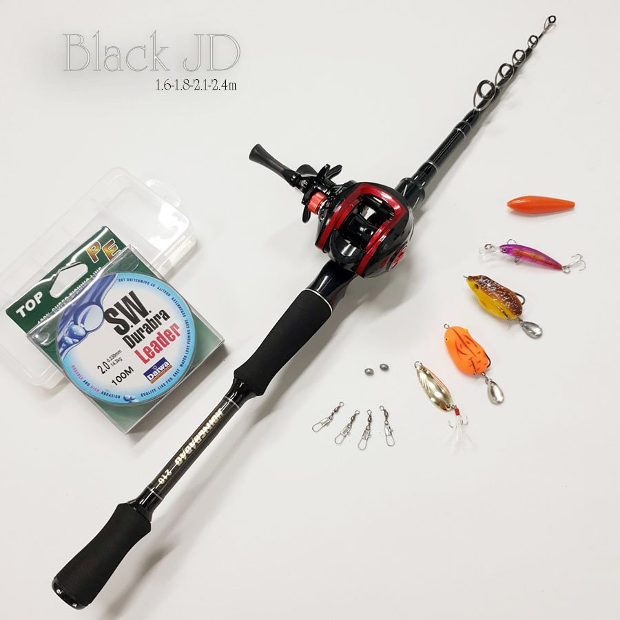 Bộ cần câu lure máy ngang Black JD rút gọn 60cm chất liệu carbon độ dài 1m6 - 1m8 - 2m1 - 2m4 và hộp mồi lure như hình - BCM13