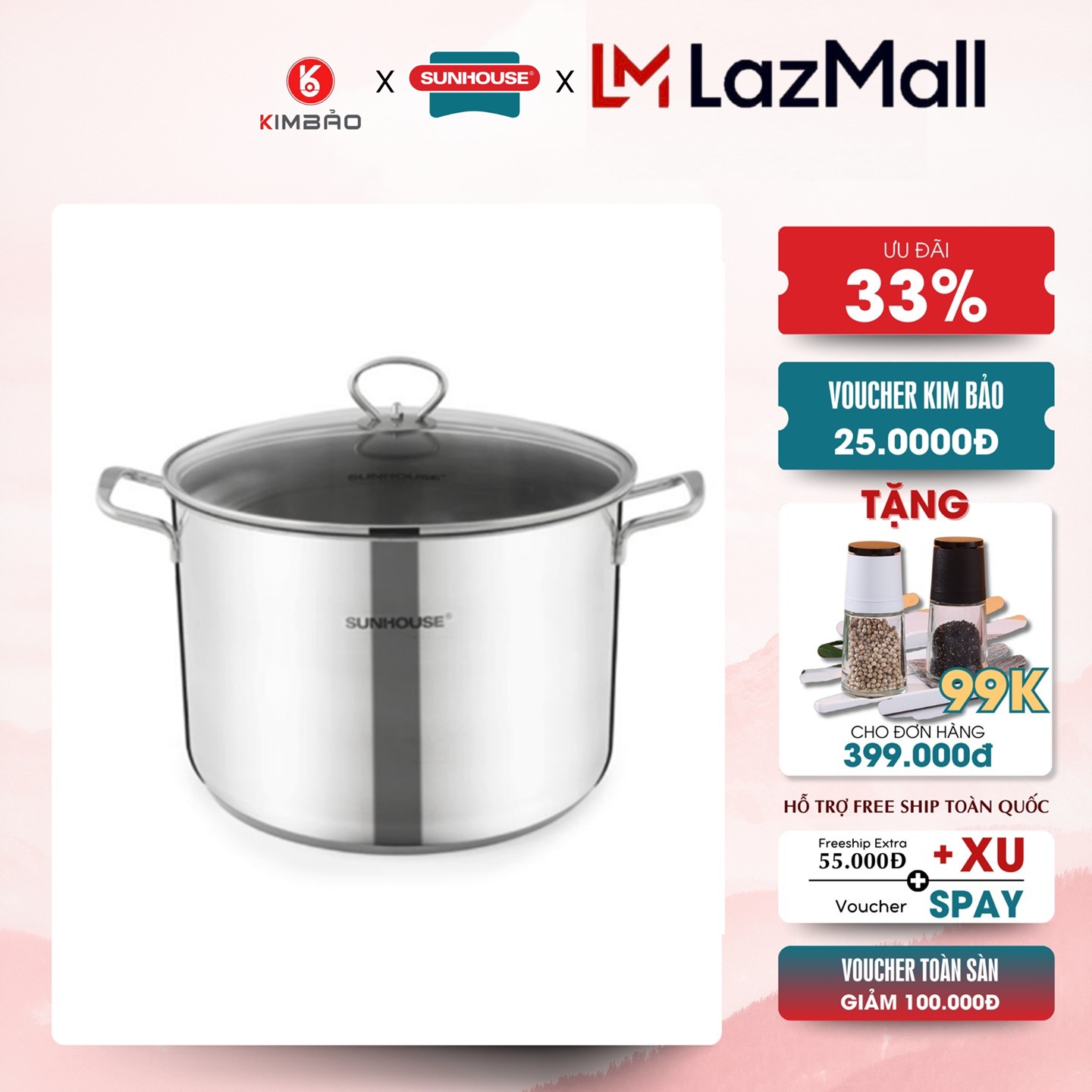 Nồi luộc gà inox 3 đáy sunhouse sh28lg có kích thước 28cm dùng trên mọi loại bếp