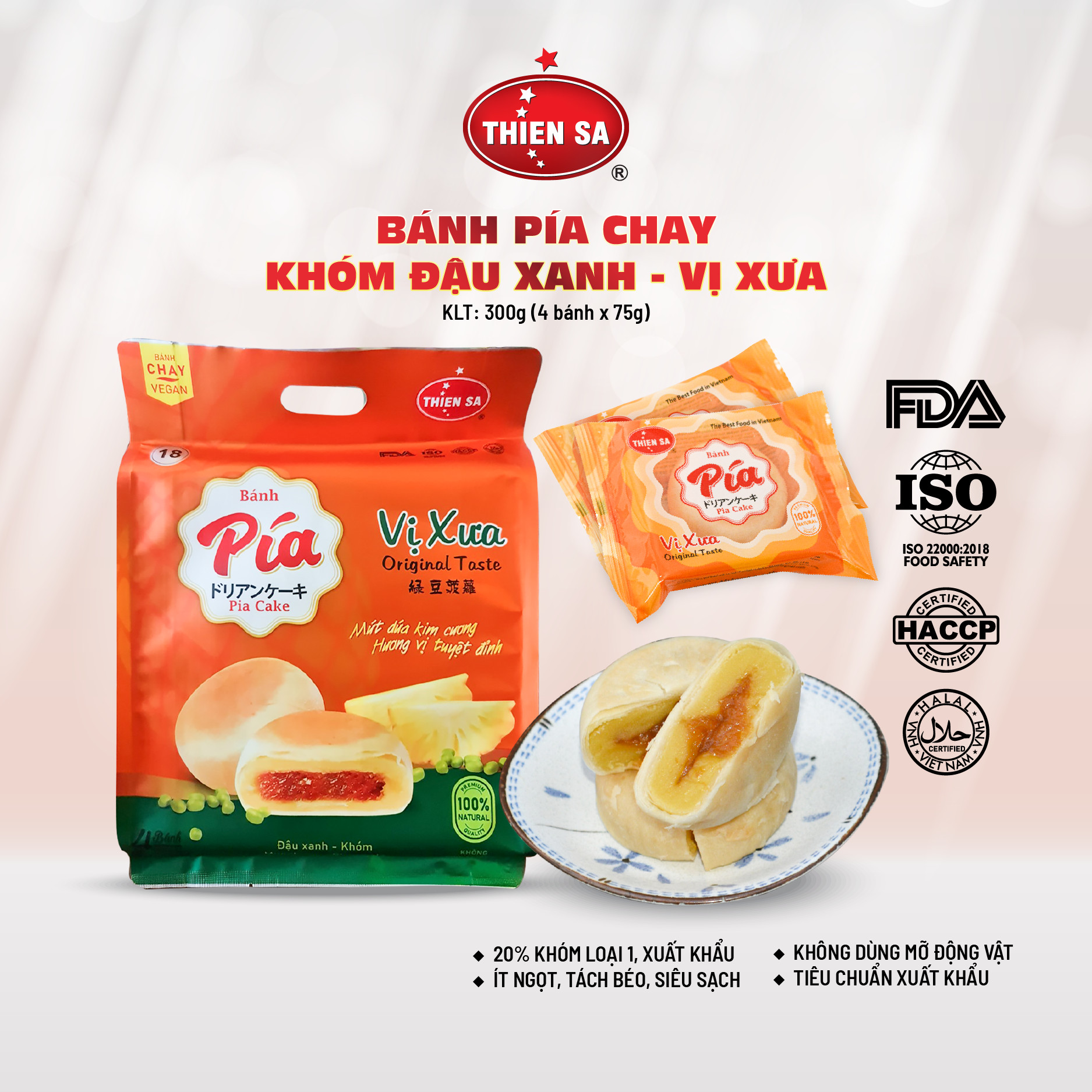 Bánh Pía chay khóm đậu xanh ít ngọt gói 4 bánh, vị xưa truyền thống 300g – Thiên Sa