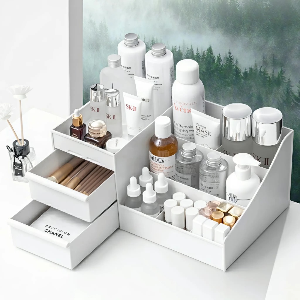 Kệ Đựng Mỹ Phẩm Để Bàn - Organizer 2 Ngăn Kéo, Nhiều Ngăn Chứa, Nhựa Dày Cao Cấp Đa Năng