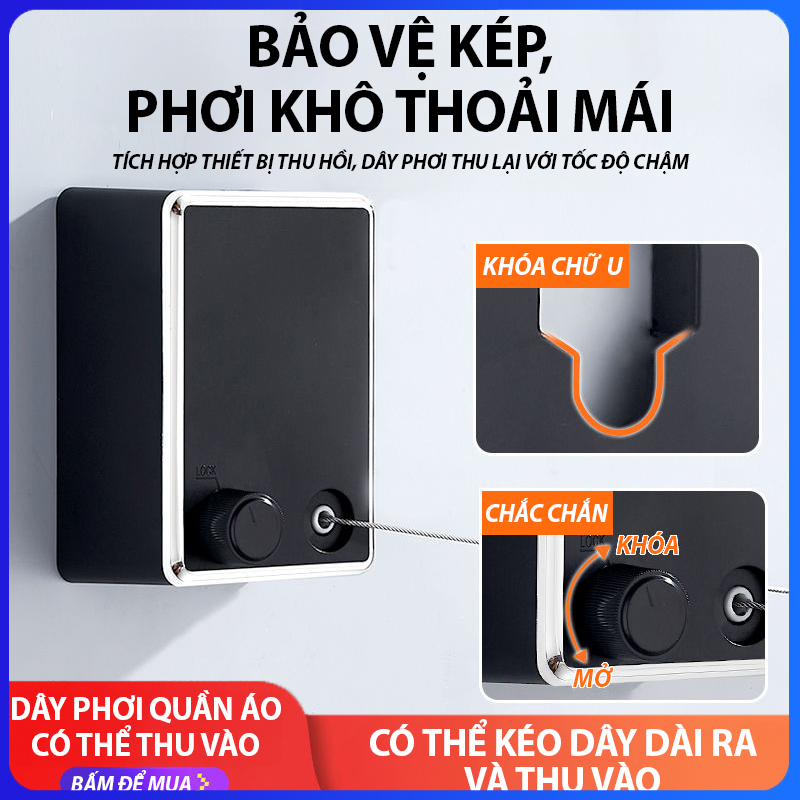 Dây phơi quần áo, dây phơi tự rút dán tường treo phòng tắm ngoài ban công ngoài trời dài 4.2m