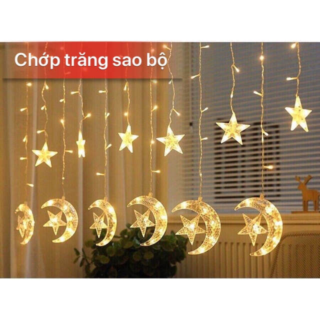 Bộ dây đèn led 6 trăng sao lớn 6 sao nhỏ 128 led - màu vàng nắng