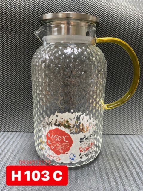Bình thủy tinh. Bình trà, đựng nước thủy tinh vân nhám quai vàng