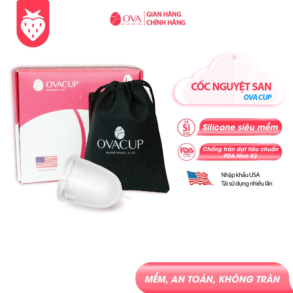 Cốc nguyệt san nhập khẩu chính hãng Ovacup Made In USA 100% Silicone y tế mềm chống tràn đạt tiêu chuẩn FDA Hoa Kỳ (màu trắng)