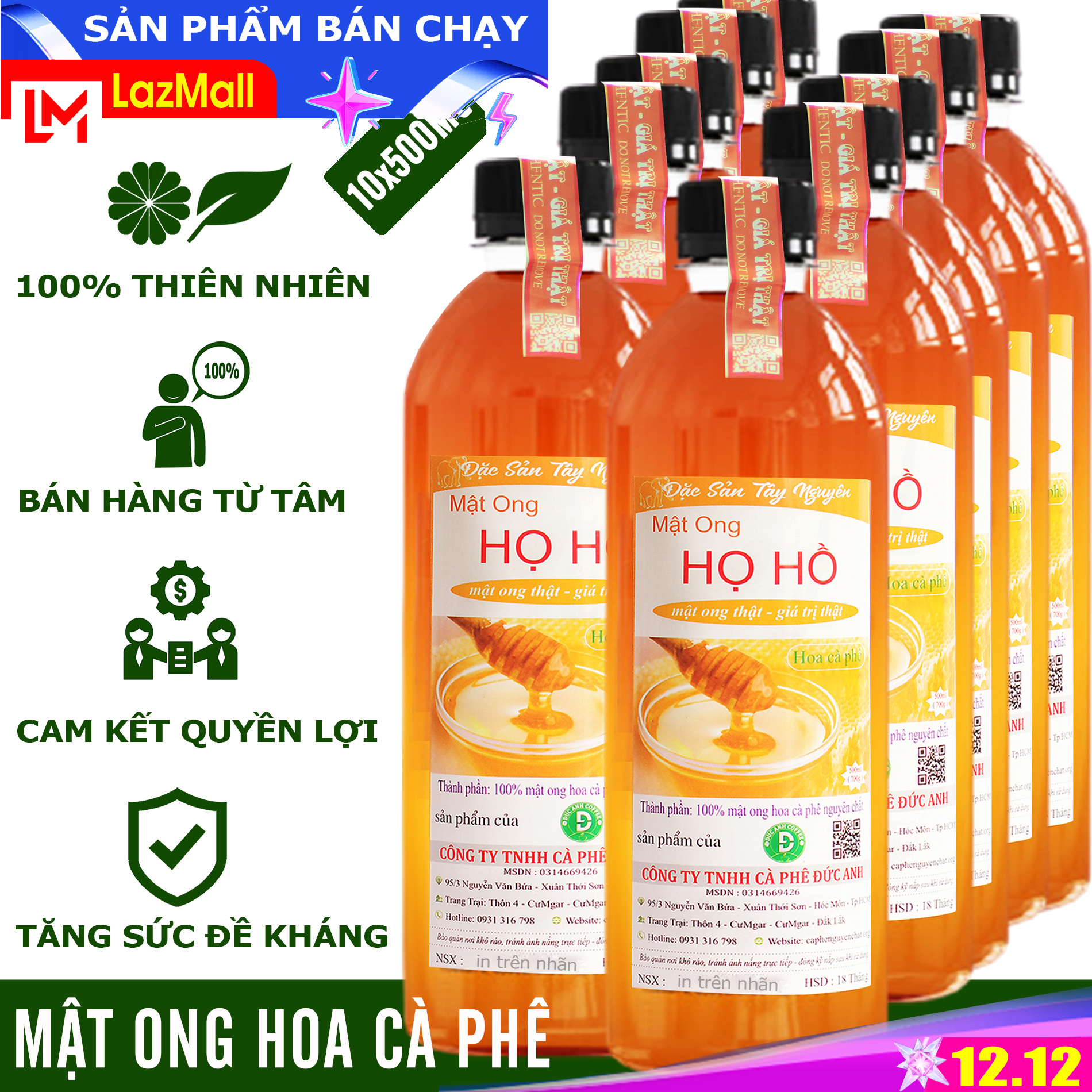 5 Lít Mật ong nguyên chất hoa cà phê, đóng chai 500ml - thương hiệu mật ong Họ Hồ mật thật giá trị thật