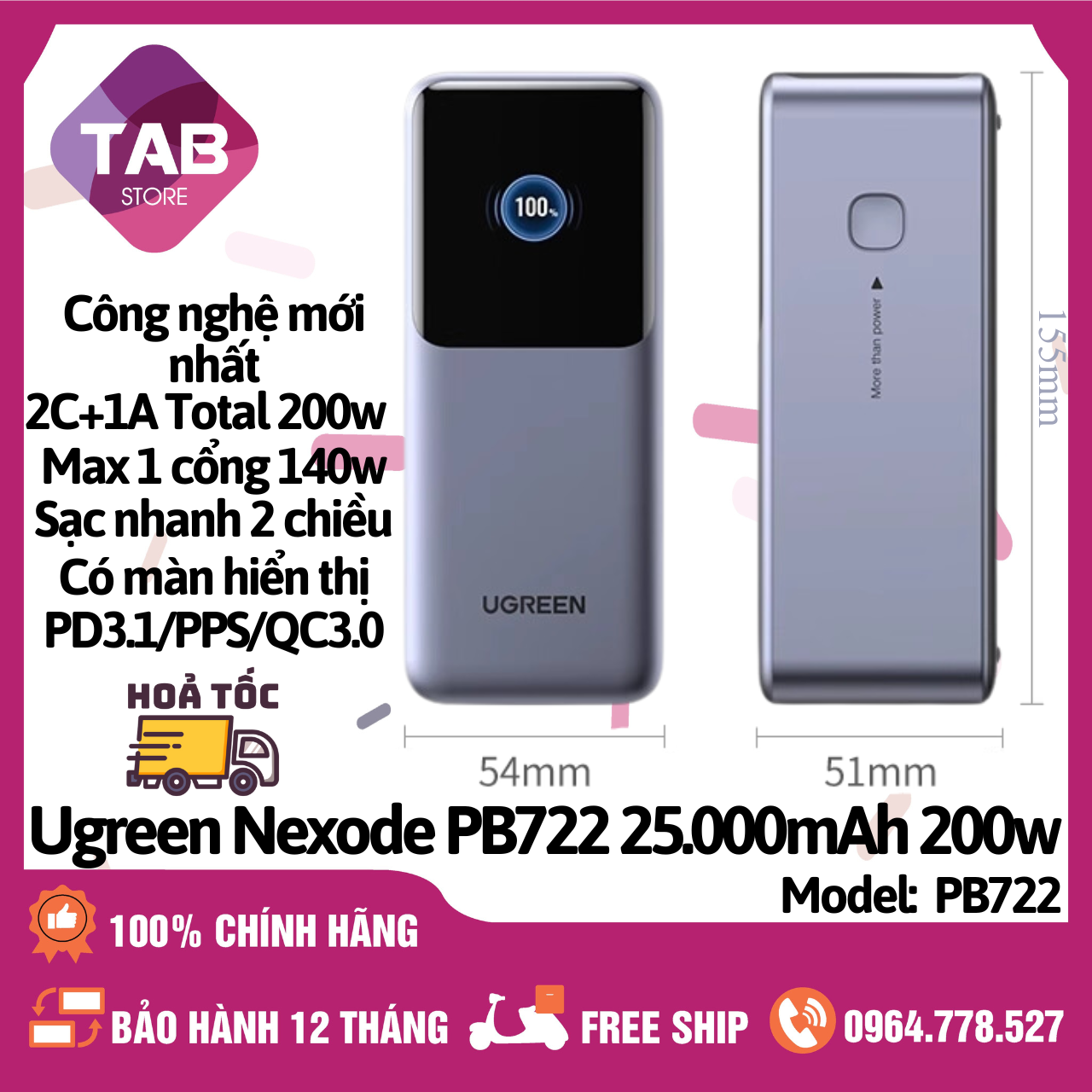 Sạc Dự Phòng UGREEN Nexode PB722 25000mAh 200W 3 Cổng - Bảo Hành 12 Tháng
