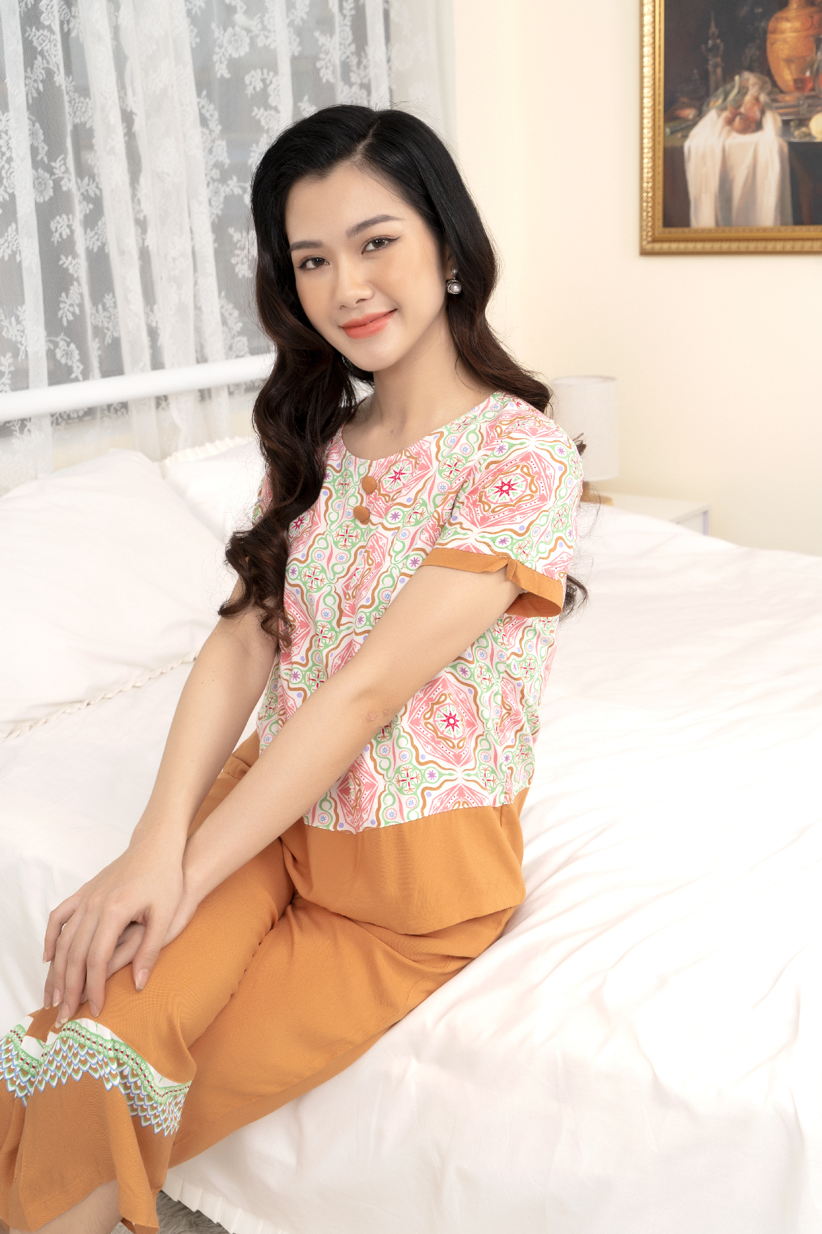 Bộ lanh Việt Thắng mặc nhà nữ quần lửng, áo cộc tay B06.2119 trung niên - Chất liệu mềm, nhẹ, thoải mái