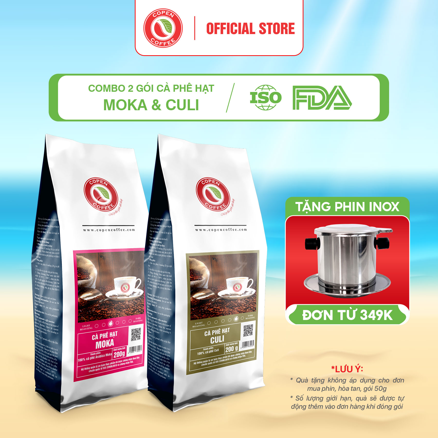 Combo 2 gói cà phê hạt moka và culi rang mộc copen coffee, pha espresso, xay pha phin - 200g/ gói
