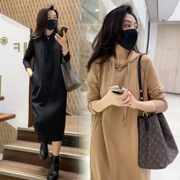 Đầm hoodie basic 2 màu dáng dài túi bên sườn