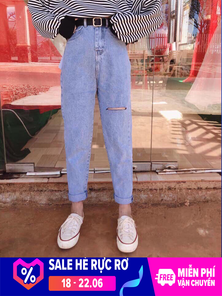 [ MÌNH ANH!!! ] QUẦN BAGGY JEAN NỮ CAO CẤP HADI LƯNG CAO MÀU XANH RÁCH GỐI TRÁI CỰC HOT HIT