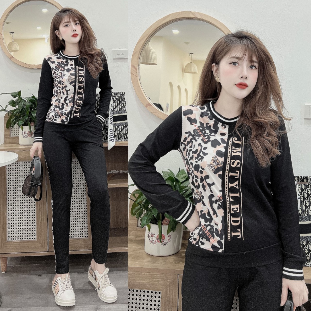 Đồ bộ thun cotton tay dài phối da beo