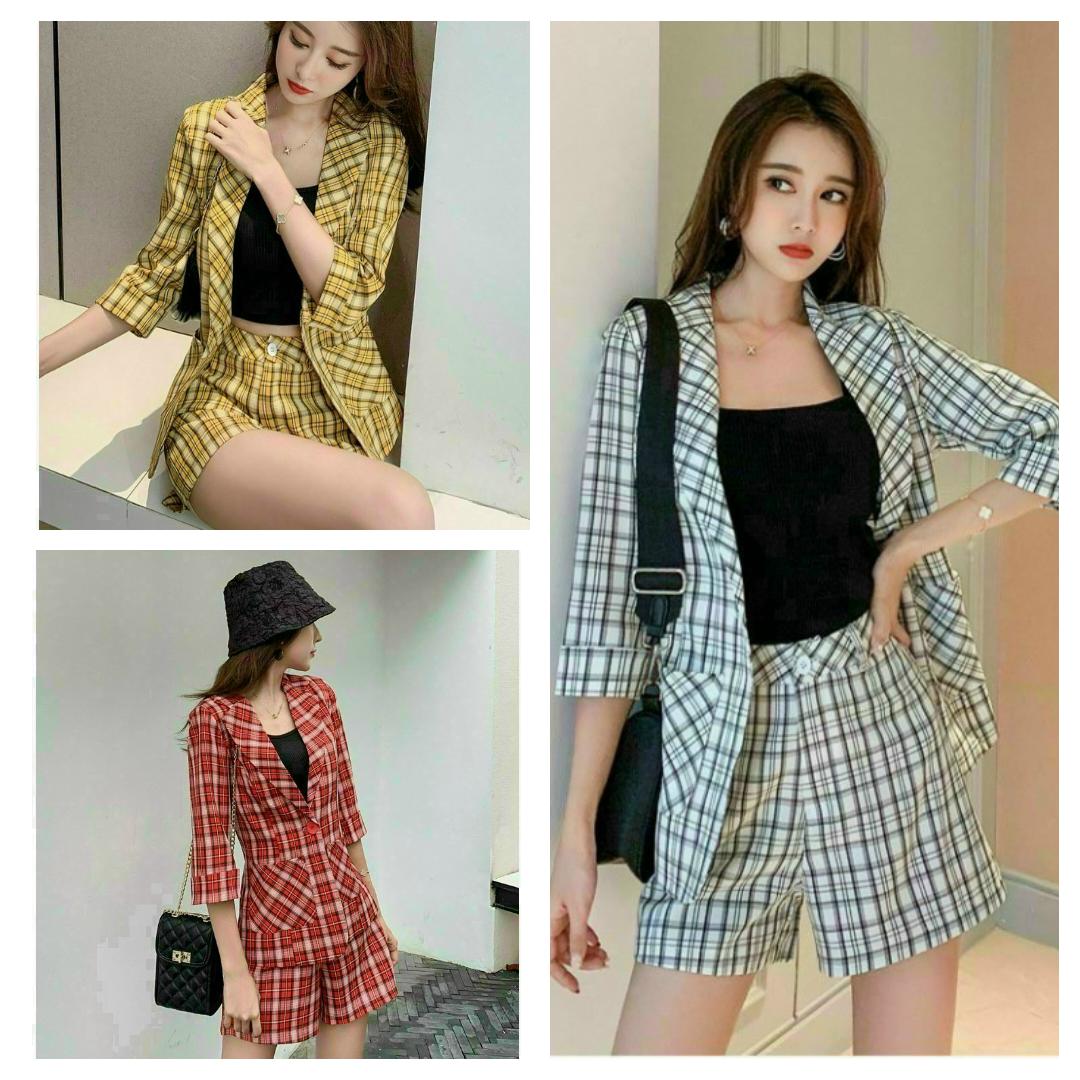 Set bộ vest 3 món áo và quần đùi họa tiết caro cá tính beyeushop - by4575
