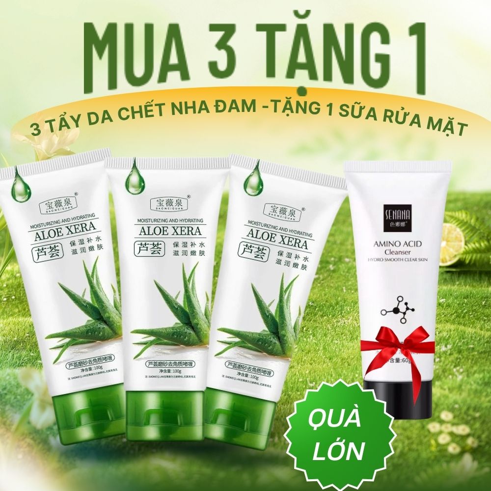Combo 3 Tẩy Da Chết Da Mặt Lô Hội Tặng SRM Làm Trắng Da, Ngừa Mụn Trẻ Hóa, Kiểm Soát Dầu, Dưỡng Ẩm Lấy Sạch Bụi Bẩn Sạch Sâu Trắng Hồng Ẩm Mượt