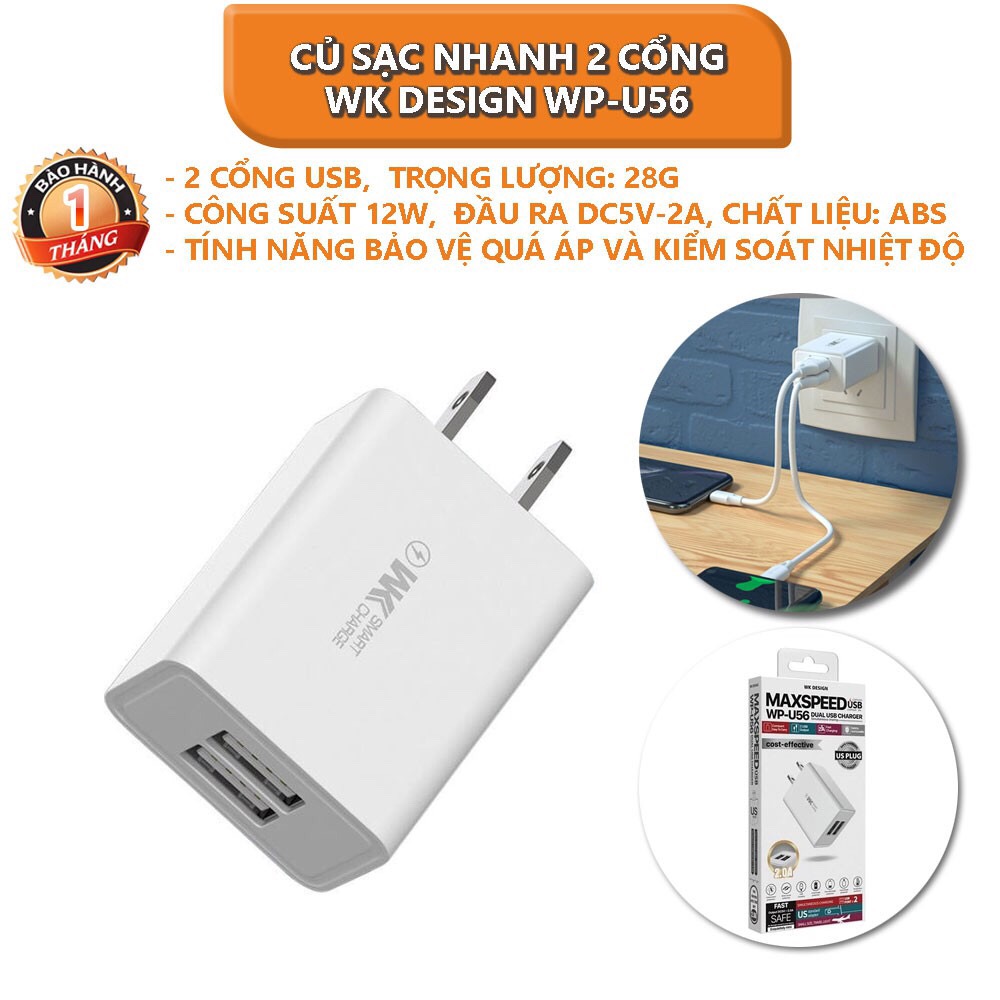 Cốc sạc 2 cổng usb wk 5v-2a sạc nhanh cho các dòng máy smartphone