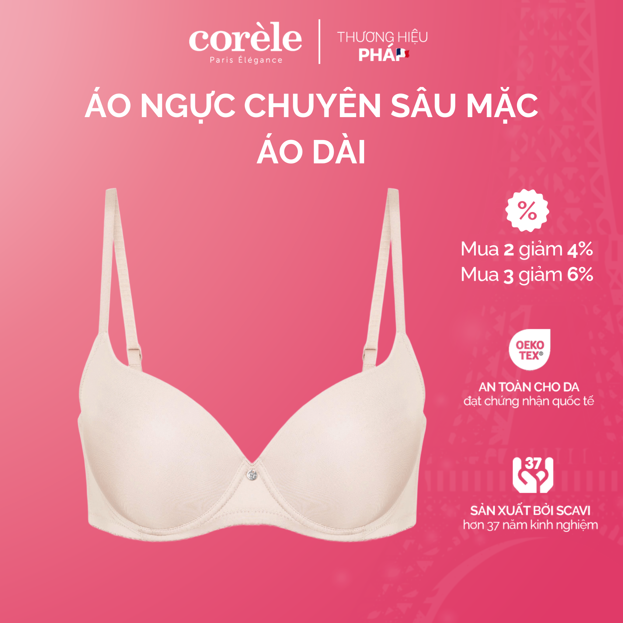 Áo ngực chuyên mặc áo dài gom nâng tốt, có gọng, bản lưng chữ U, chuẩn an toàn quốc tế OEKO-TEX từ Corèle Pháp - 41159A-1