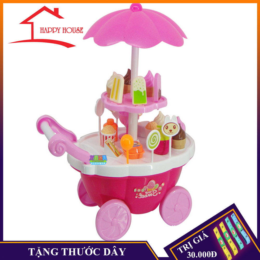 Đồ chơi nấu ăn cho bé gái, mẫu xe đẩy bán kem kẹo dùng pin có nhạc, có đèn đèn 39 chi tiết nhựa an toàn màu hồng