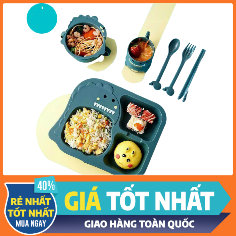 Khay ăn dặm cho bé chống đổ vỡ trơn trượt,bộ đồ ăn dặm lúa mạch kèm cốc,khay,bát,thìa dĩa cho bé