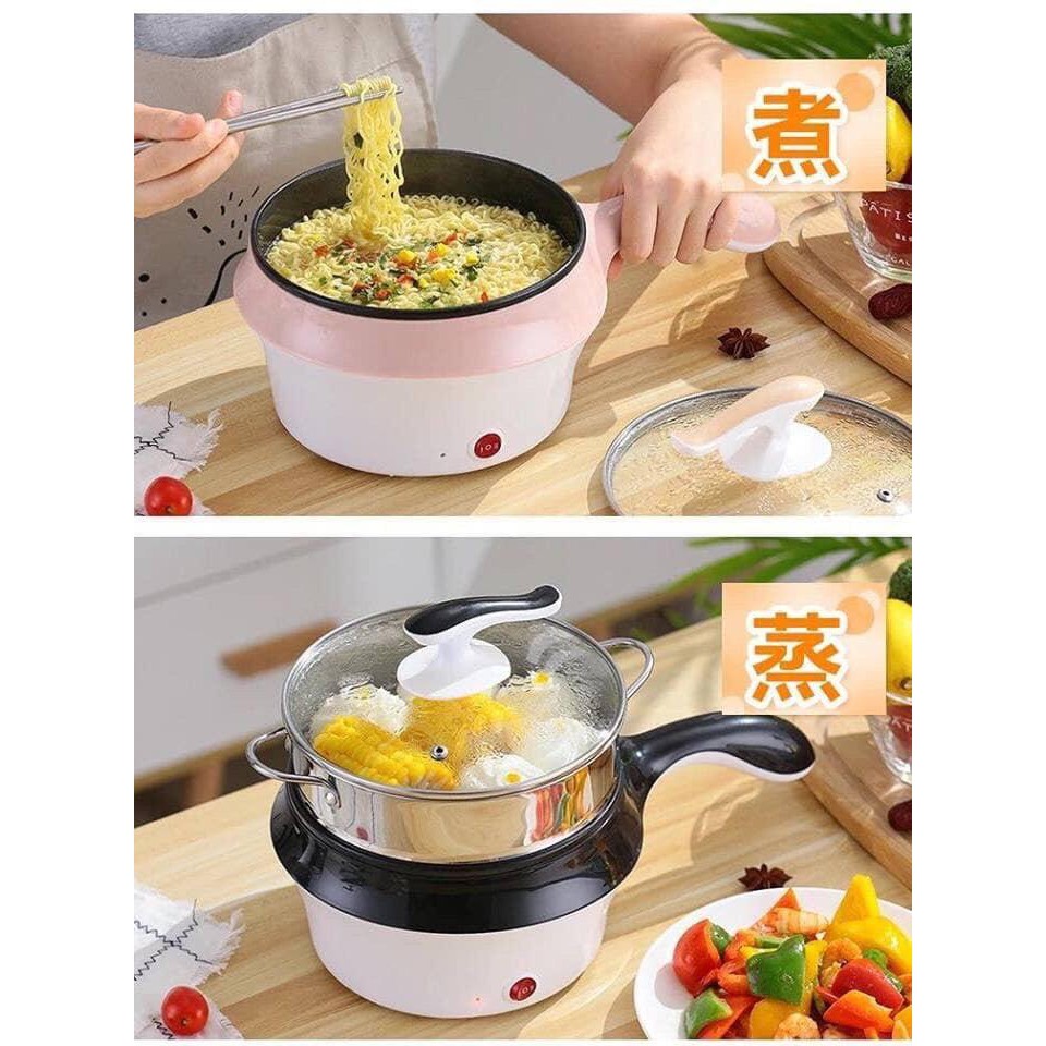 [Xã Hàng]Nồi lẩu điện đa năng 2 tầng có lồng hấp và nắp kính cao cấp, Ca điện mini nấu mì siêu tốc 18cm Thế Hệ Mới, Ruột nồi chống dính, có thể rán, sào, nấu, dùng xong lau là sạch.