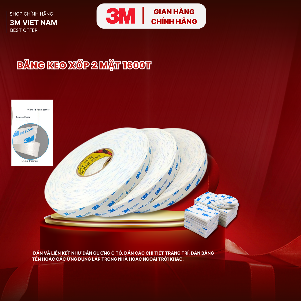 Băng dính xốp 2 mặt 3M 1600T dán đa năng , treo tranh, đồng hồ, ổ cắm, khay đựng nhà tắm, bếp ....