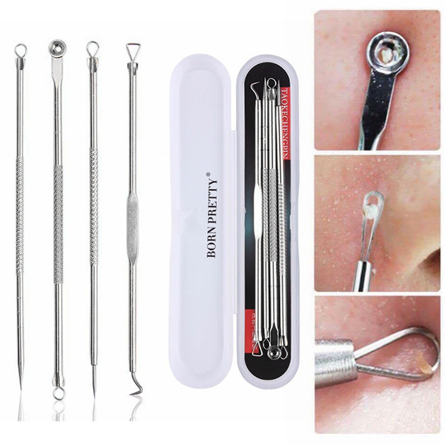 Bộ nặn mụn 4 cây 8 đầu bằng bạc cao cấp chống khuẩn kèm hộp