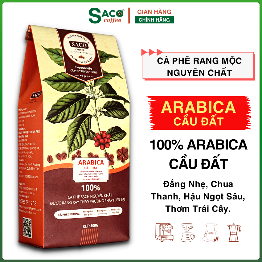 500G Cà phê Hạt Arabica Cầu Đất Đặc Sản, nguyên chất 100% rang mộc, Đắng Nhẹ Thanh Chua Thơm Trái Cây từ SACO COFFEE